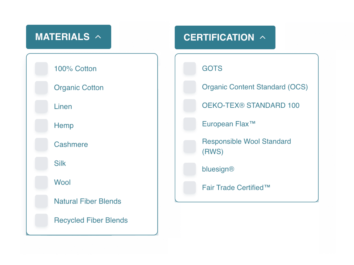 Filter pieces based on material, certifications, sizes, and pricing on each page